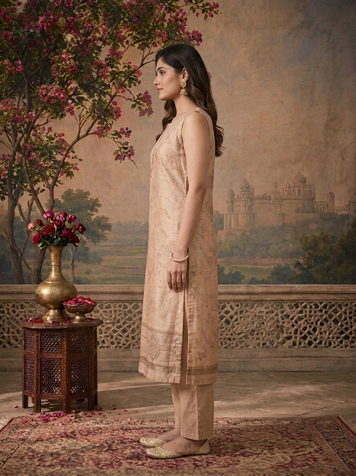 Beige Silk Watermark Floral Printed Three Piece Set