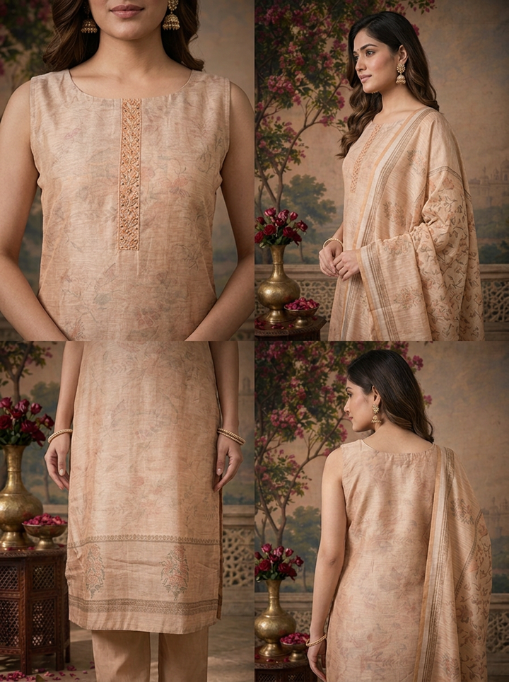 Beige Silk Watermark Floral Printed Three Piece Set