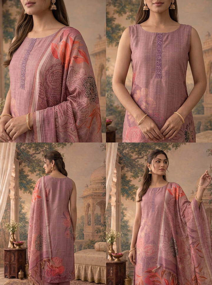 Lavender Silk Tropical Floral Placement Printed Three Piece Set