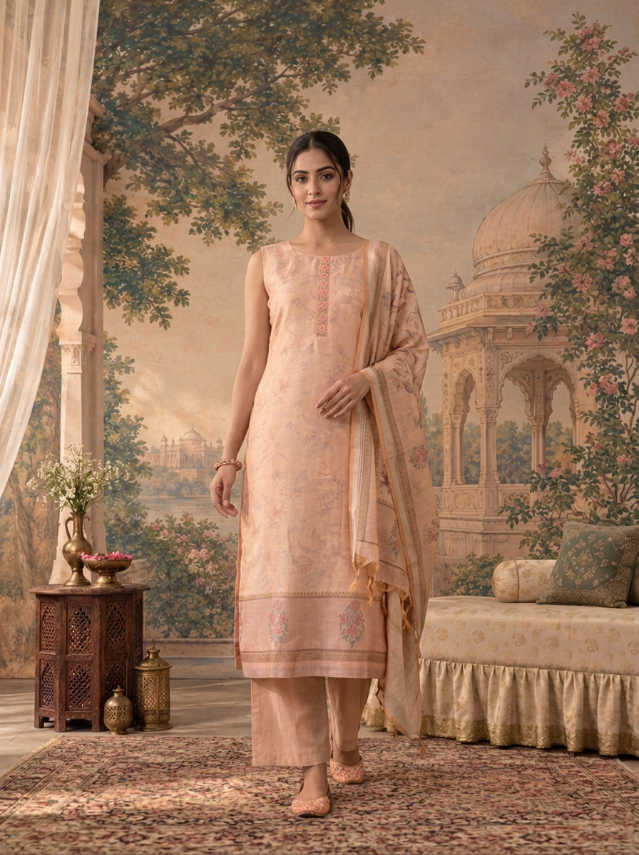 Peach Silk Watermark Floral Printed Three Piece Set