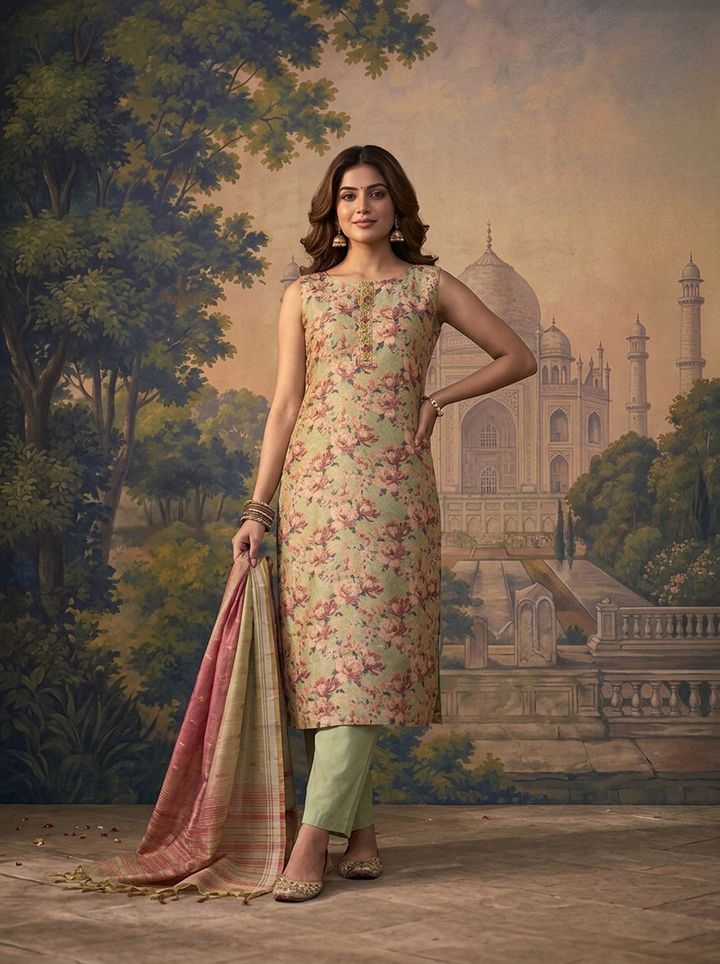 Pista Green Silk All-Over Floral Printed Three Piece Set