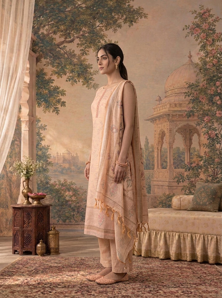 Peach Silk Watermark Floral Printed Three Piece Set