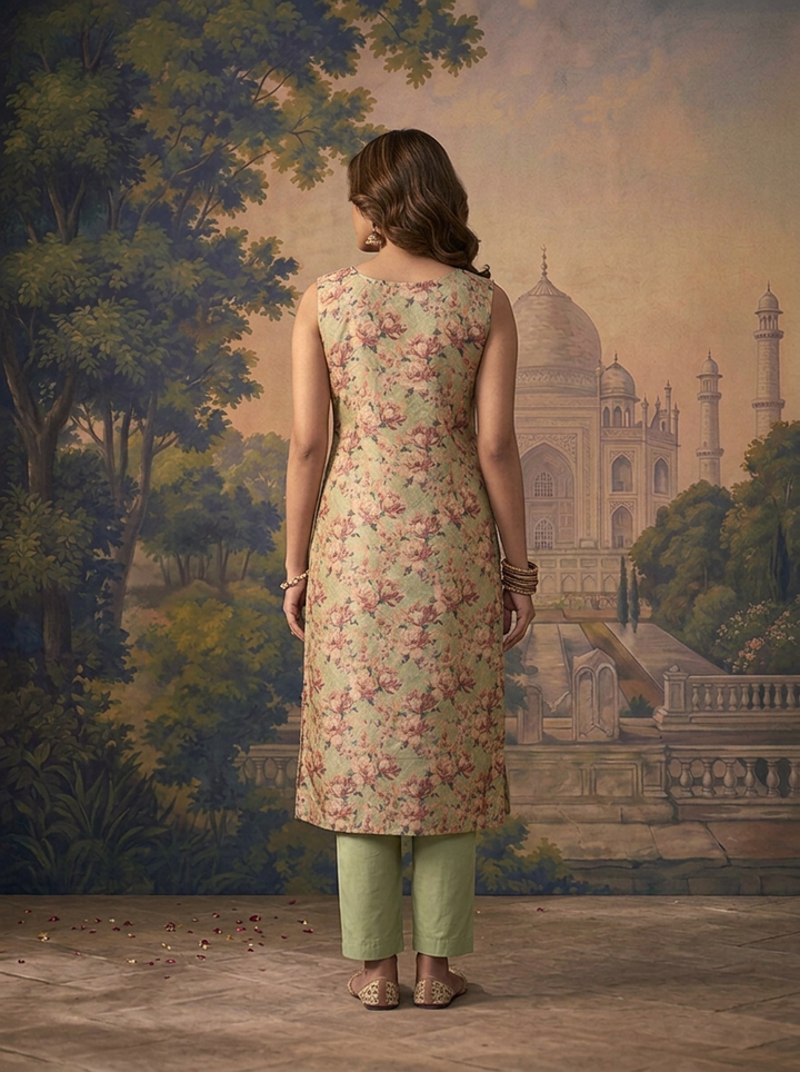 Pista Green Silk All-Over Floral Printed Three Piece Set