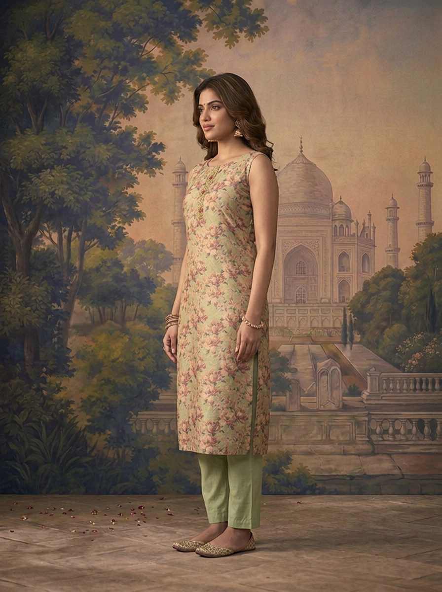 Pista Green Silk All-Over Floral Printed Three Piece Set