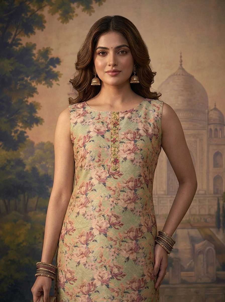 Pista Green Silk All-Over Floral Printed Three Piece Set