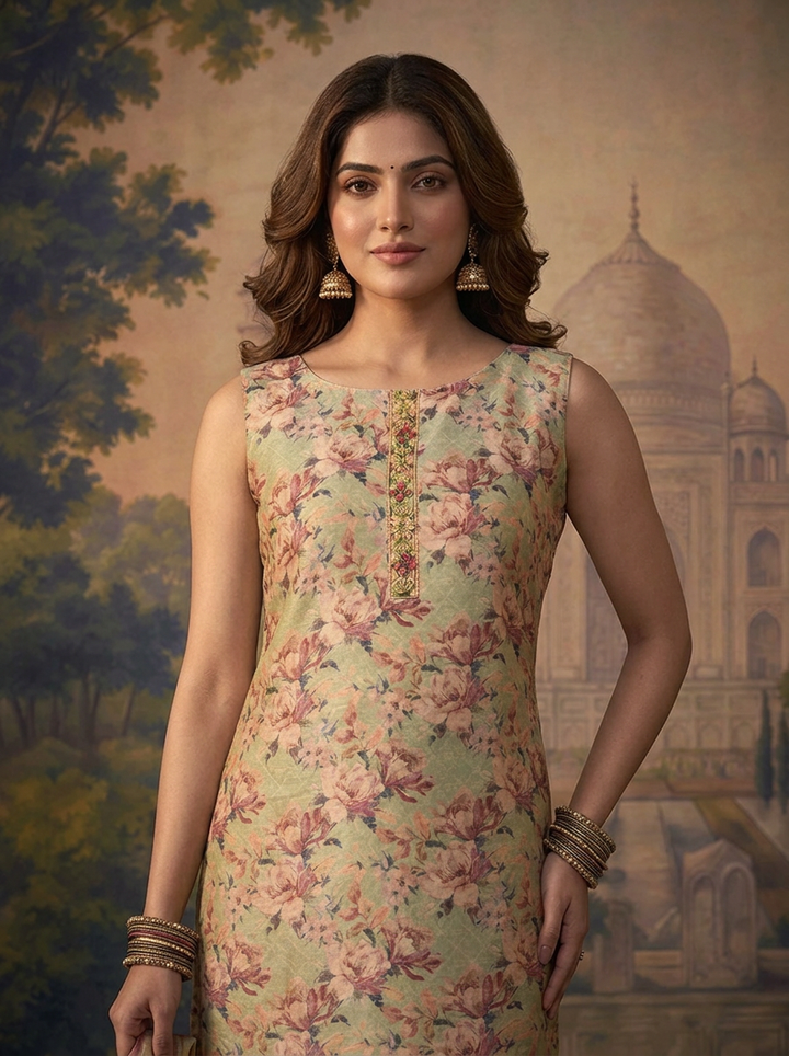 Pista Green Silk All-Over Floral Printed Three Piece Set
