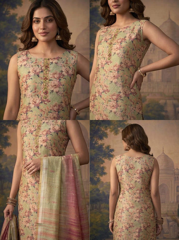 Pista Green Silk All-Over Floral Printed Three Piece Set