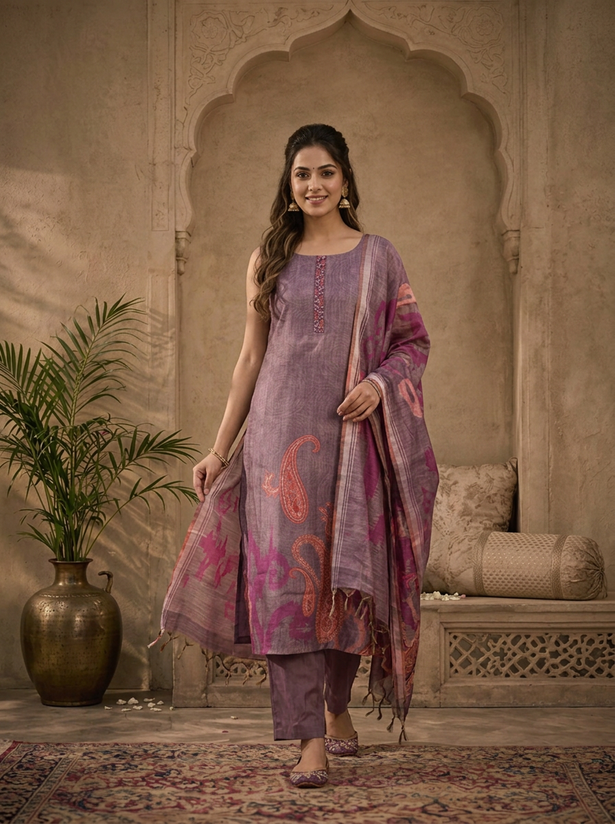 Lavender Silk Ikat Paisley Printed Three Piece Set