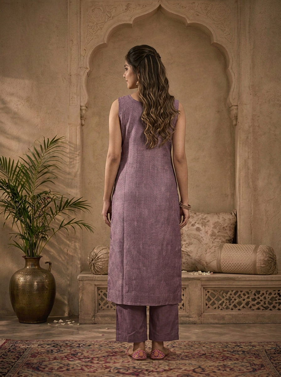 Lavender Silk Ikat Paisley Printed Three Piece Set
