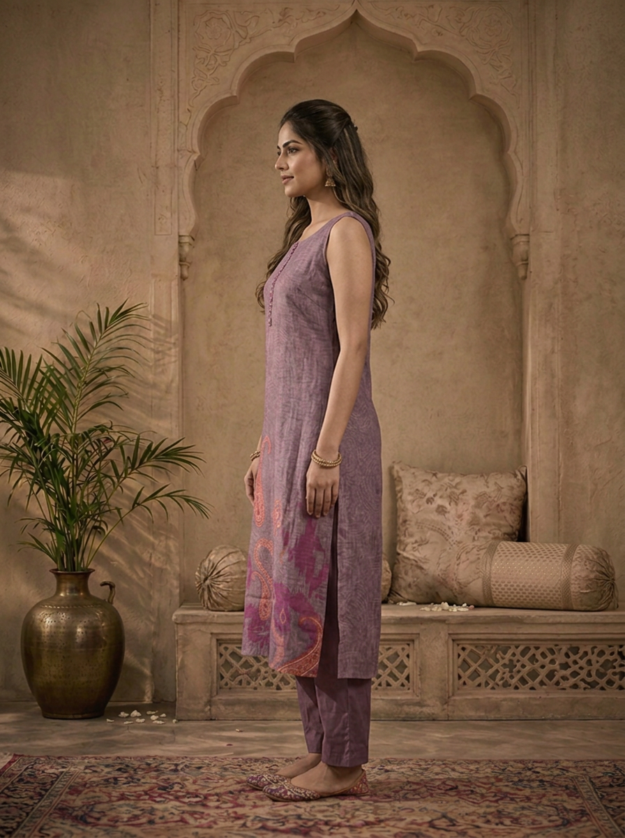 Lavender Silk Ikat Paisley Printed Three Piece Set