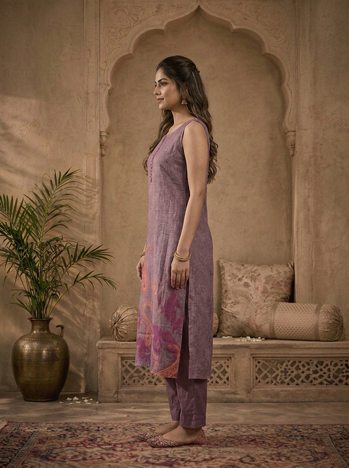 Lavender Silk Ikat Paisley Printed Three Piece Set