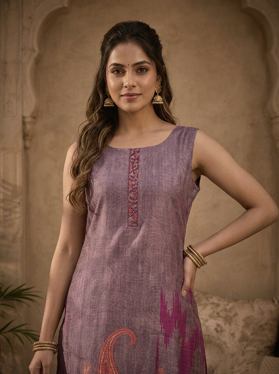 Lavender Silk Ikat Paisley Printed Three Piece Set