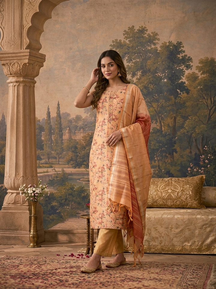 Beige Silk All-Over Floral Printed Three Piece Set