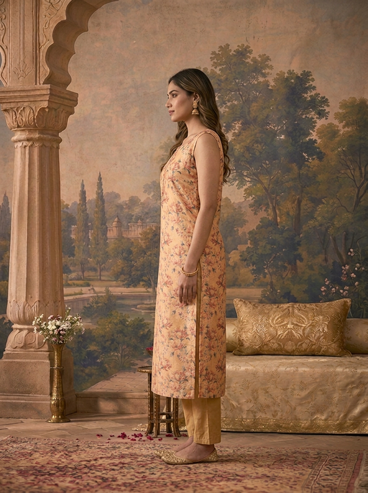 Beige Silk All-Over Floral Printed Three Piece Set