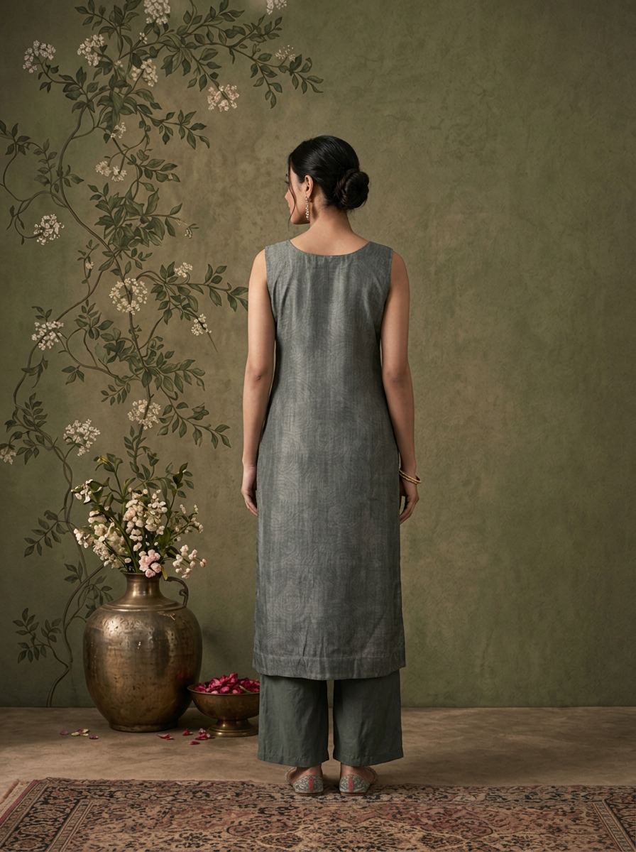 Sea Green Silk Ikat Paisley Printed Three Piece Set