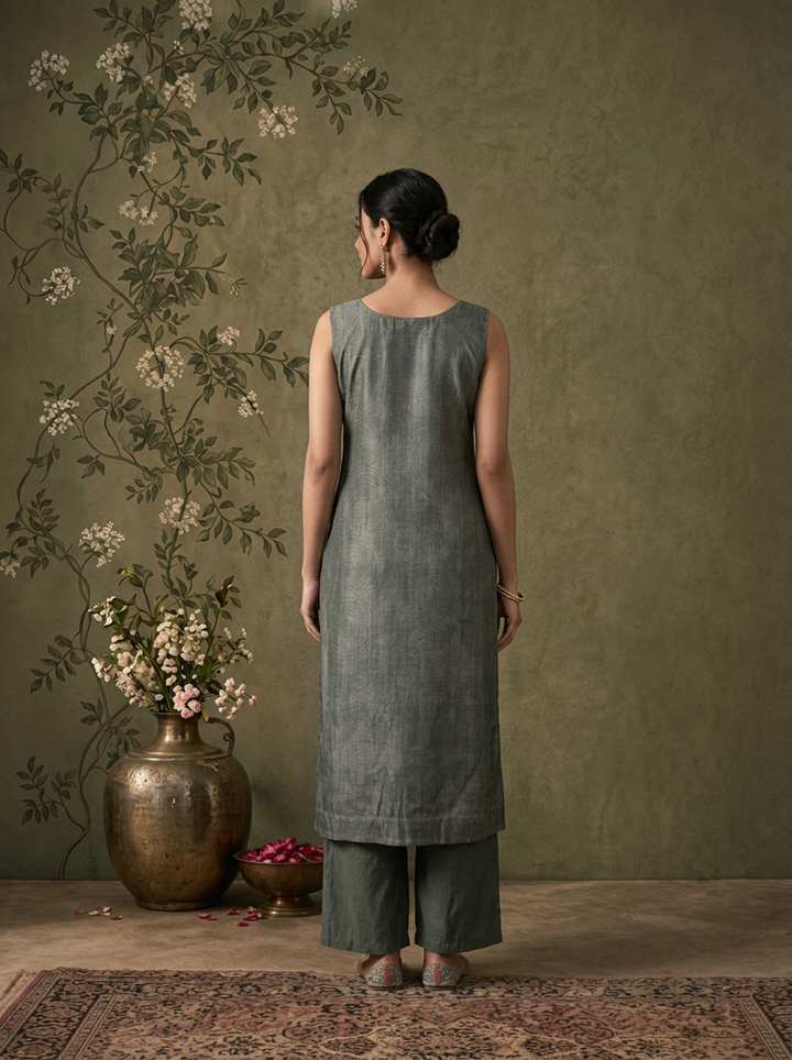 Sea Green Silk Ikat Paisley Printed Three Piece Set