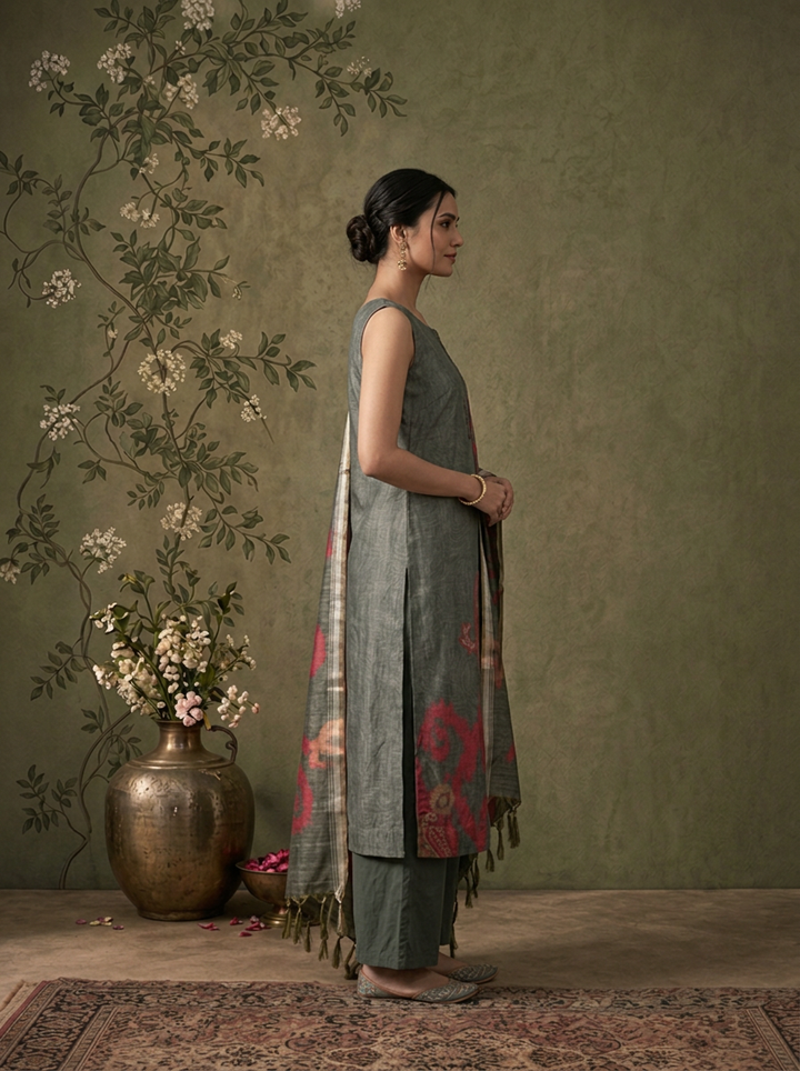 Sea Green Silk Ikat Paisley Printed Three Piece Set