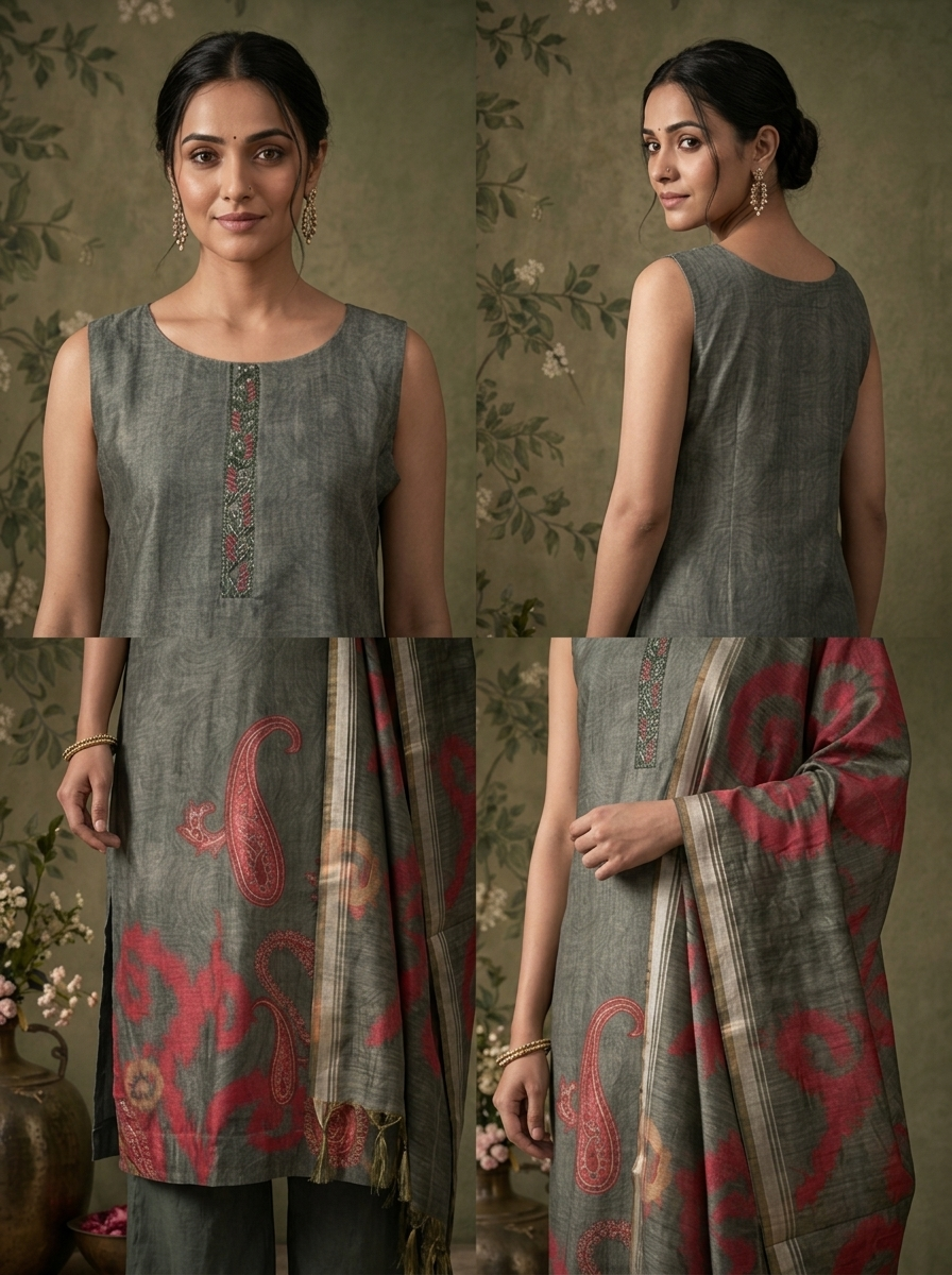 Sea Green Silk Ikat Paisley Printed Three Piece Set