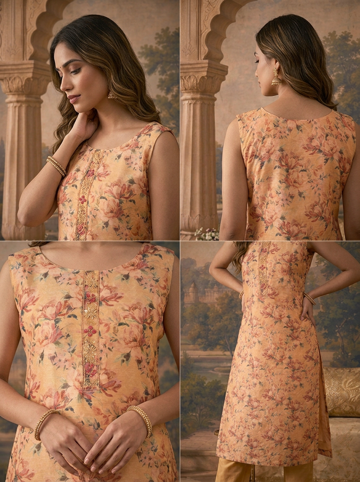 Beige Silk All-Over Floral Printed Three Piece Set