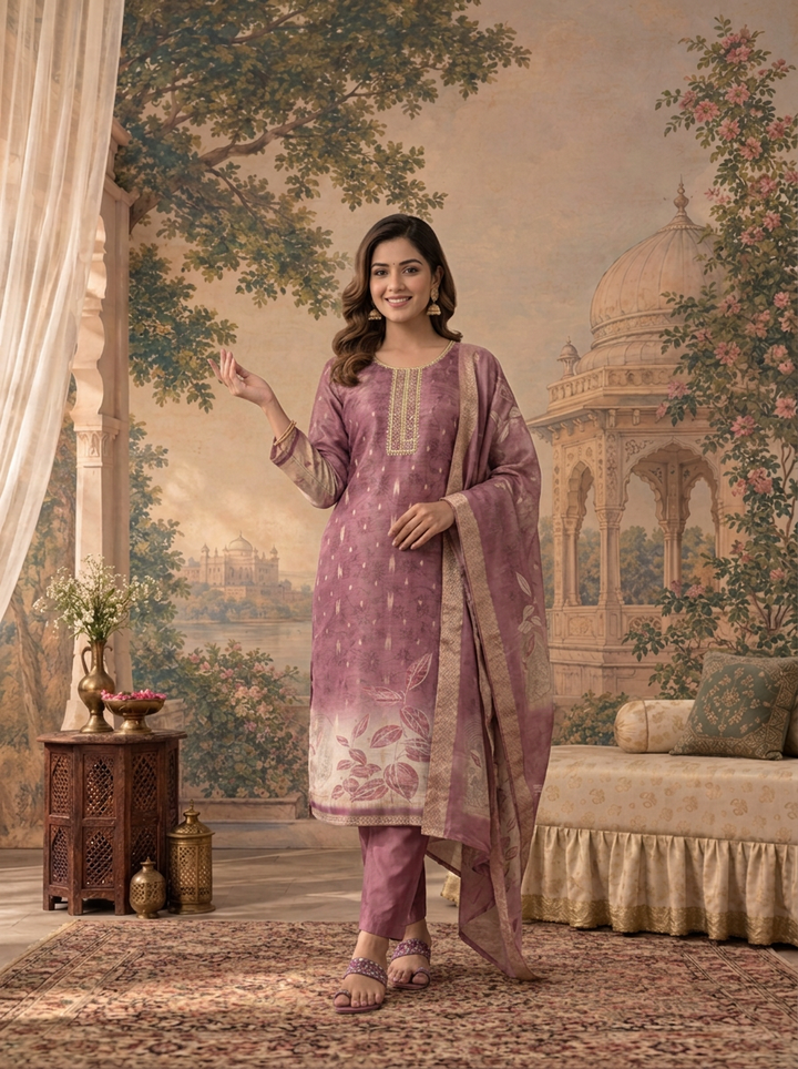 Lavender Tissue Digital Leaf Printed Three Piece Set
