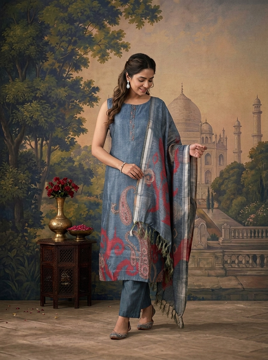 Blue Silk Ikat Paisley Printed Three Piece Set