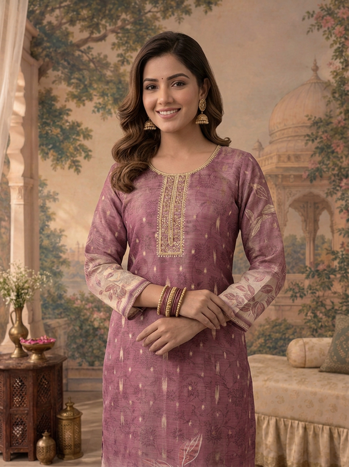 Lavender Tissue Digital Leaf Printed Three Piece Set