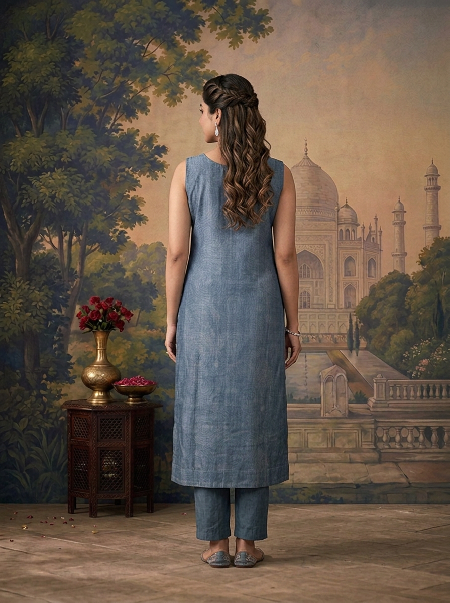 Blue Silk Ikat Paisley Printed Three Piece Set