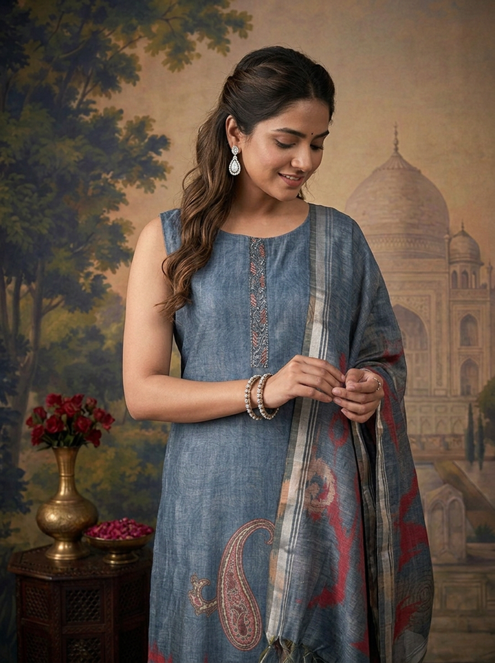 Blue Silk Ikat Paisley Printed Three Piece Set