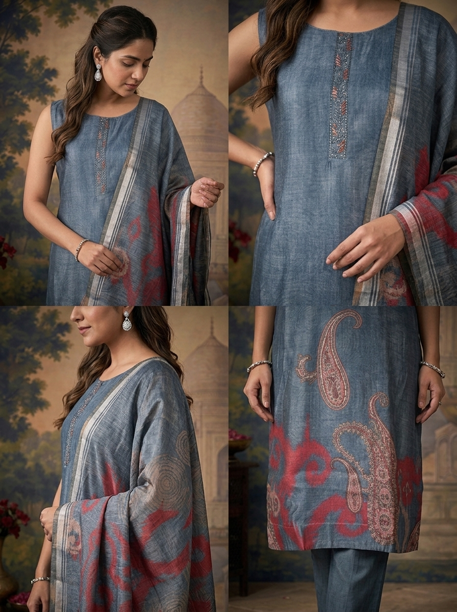 Blue Silk Ikat Paisley Printed Three Piece Set