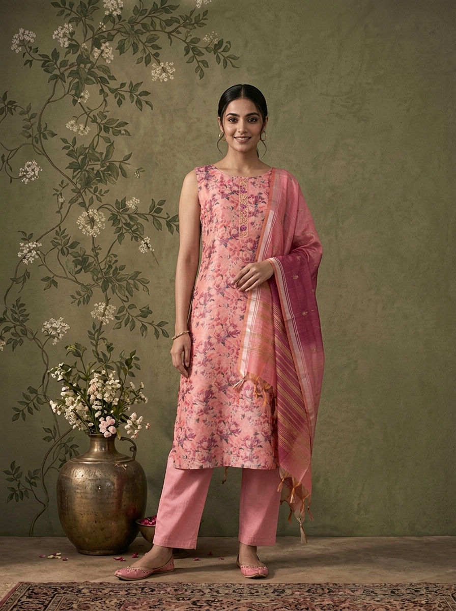 Onion Pink Silk All-Over Floral Printed Three Piece Set