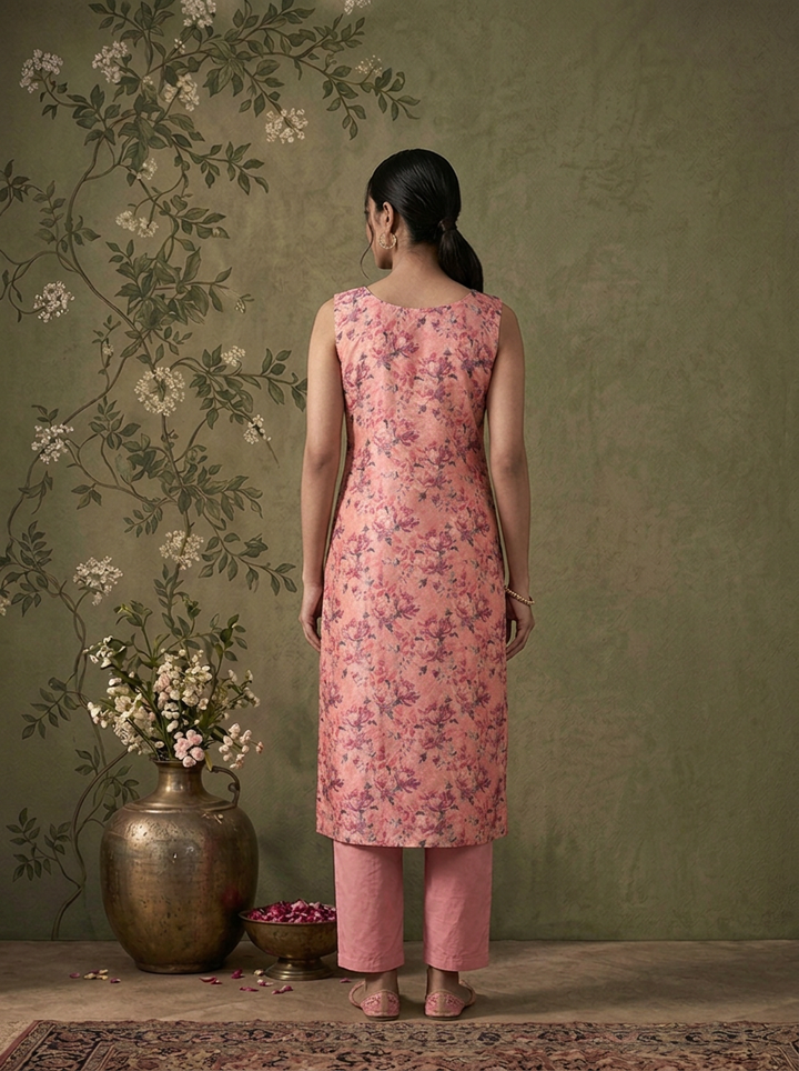 Onion Pink Silk All-Over Floral Printed Three Piece Set