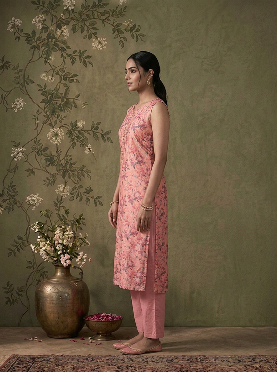 Onion Pink Silk All-Over Floral Printed Three Piece Set