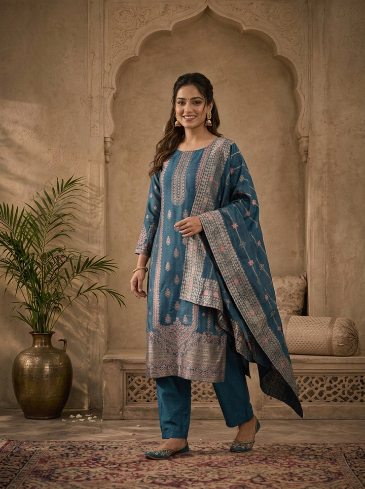 Peacock Silk Turquoise Zari Diagonal Jaal Weaved Three Piece Set