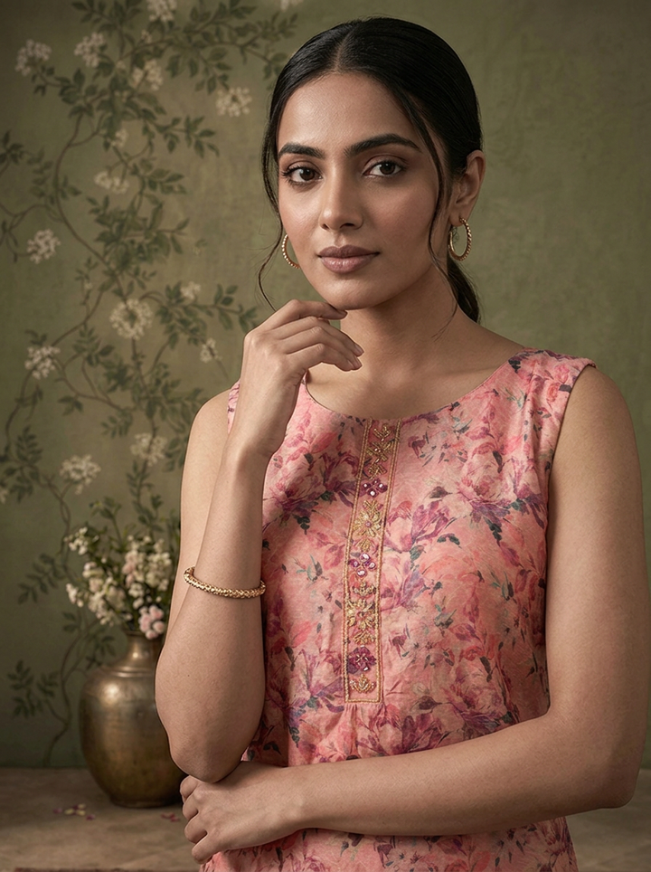 Onion Pink Silk All-Over Floral Printed Three Piece Set