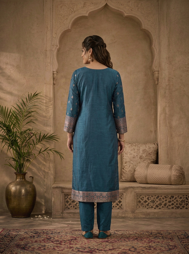 Peacock Silk Turquoise Zari Diagonal Jaal Weaved Three Piece Set
