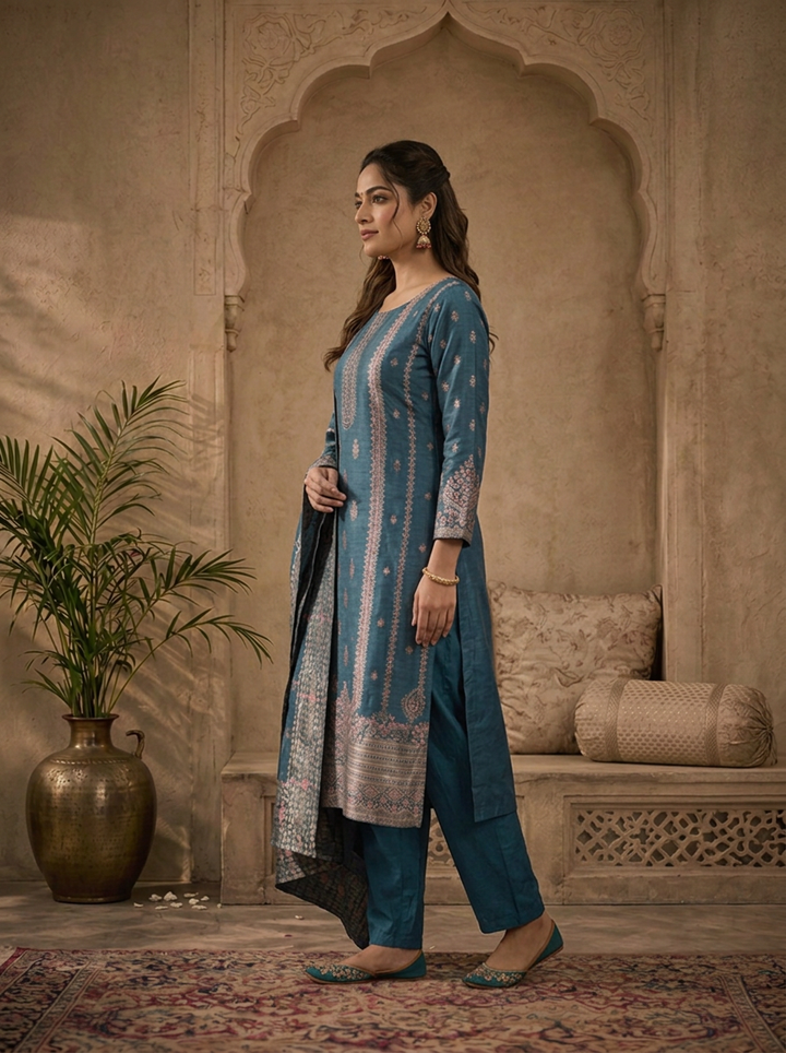 Peacock Silk Turquoise Zari Diagonal Jaal Weaved Three Piece Set