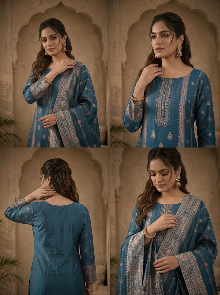 Peacock Silk Turquoise Zari Diagonal Jaal Weaved Three Piece Set
