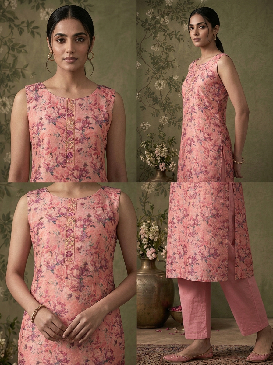 Onion Pink Silk All-Over Floral Printed Three Piece Set
