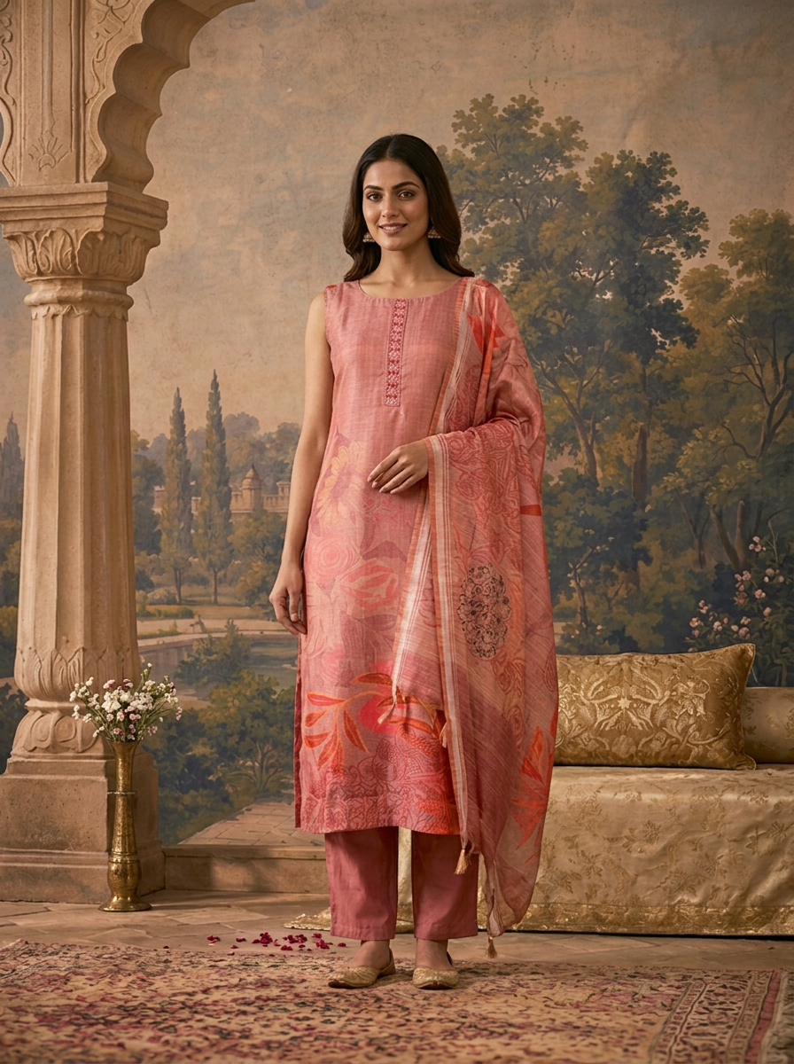 Onion Pink Silk Tropical Floral Placement Printed Three Piece Set
