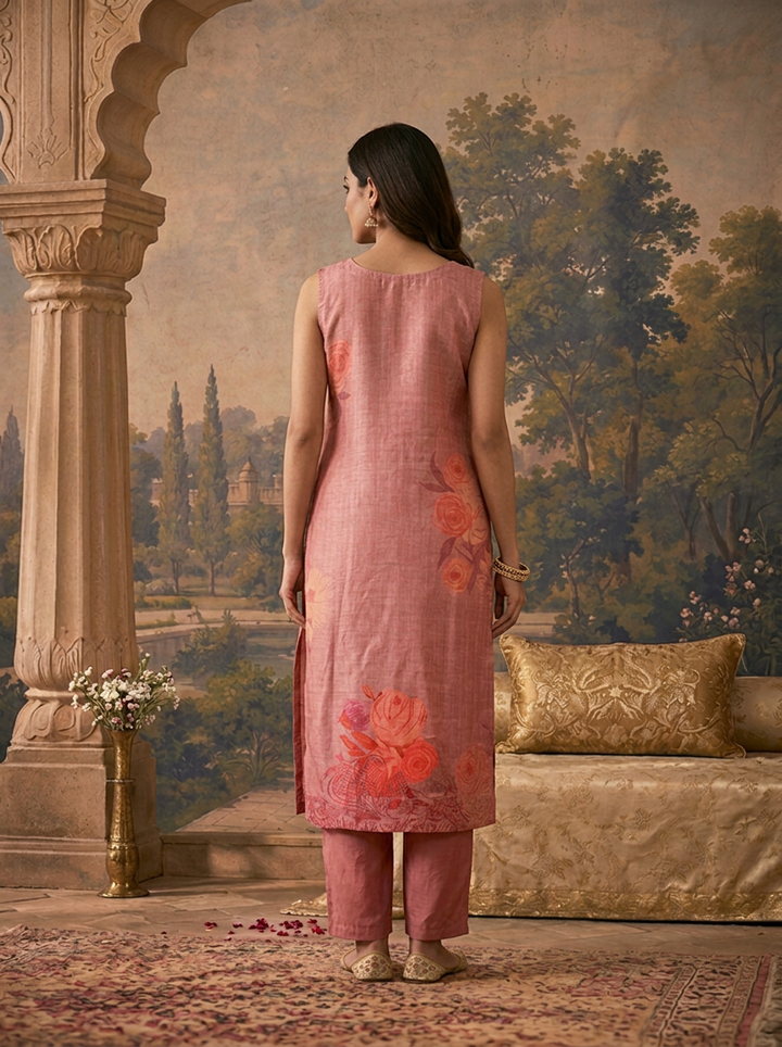 Onion Pink Silk Tropical Floral Placement Printed Three Piece Set