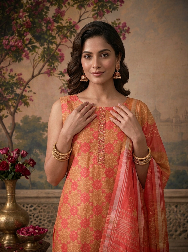 Gajari Silk Geometric Floral Printed Three Piece Set