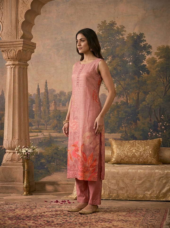 Onion Pink Silk Tropical Floral Placement Printed Three Piece Set