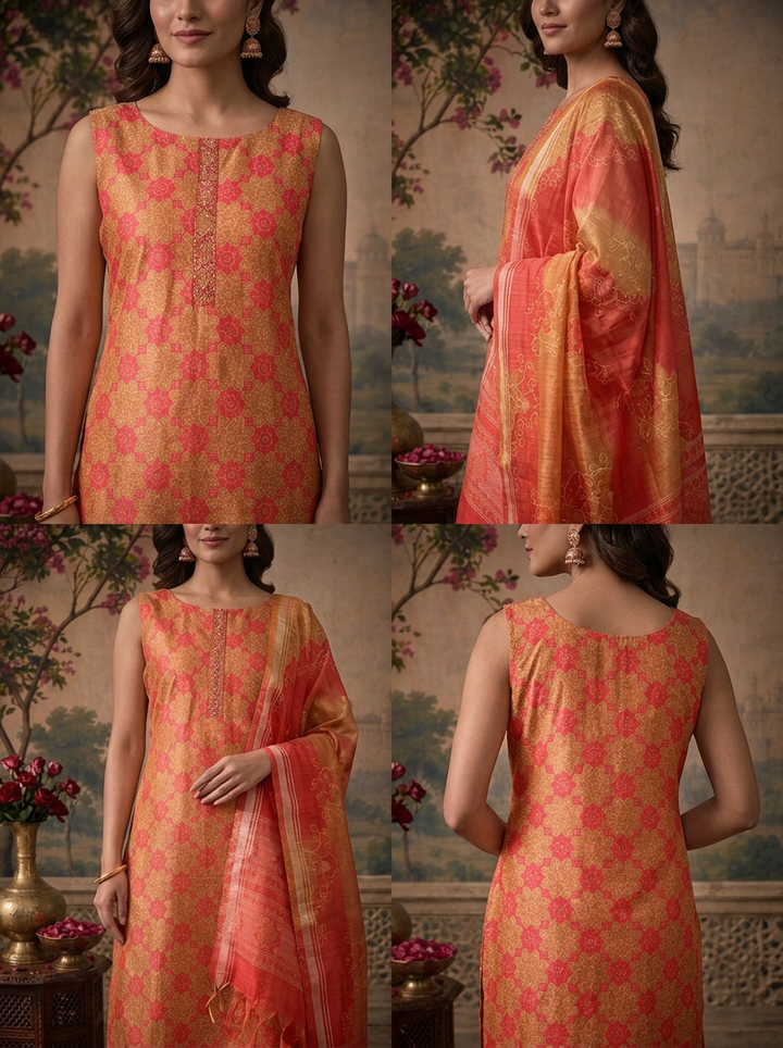 Gajari Silk Geometric Floral Printed Three Piece Set