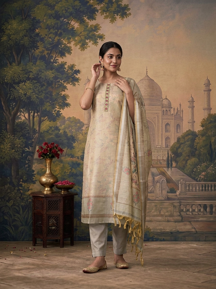 Grey Silk Watermark Floral Printed Three Piece Set