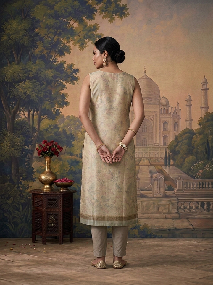 Grey Silk Watermark Floral Printed Three Piece Set