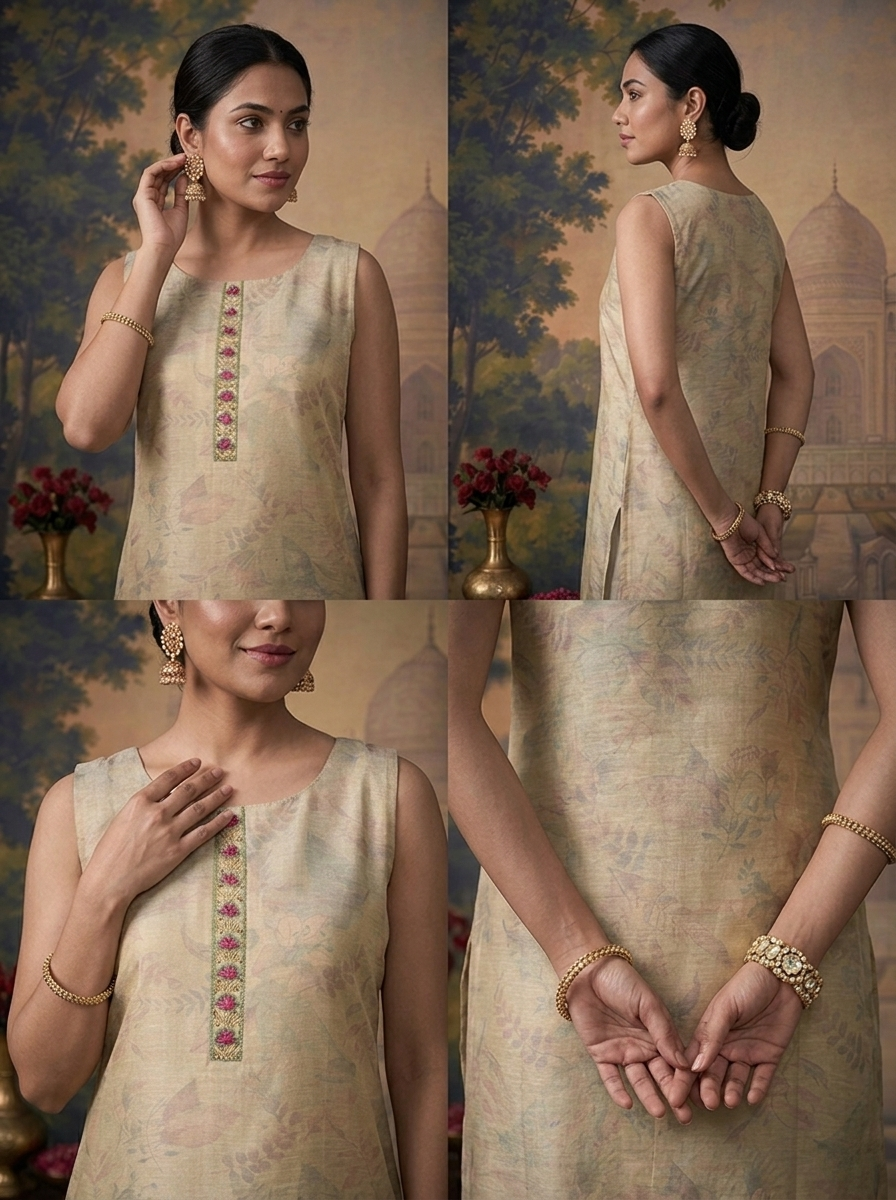 Grey Silk Watermark Floral Printed Three Piece Set