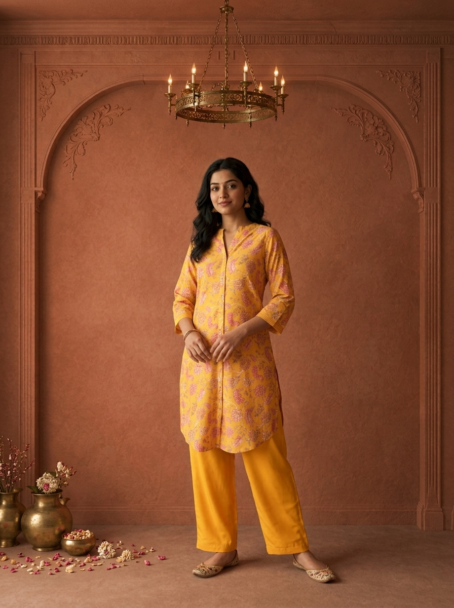 Yellow Muslin Digital Floral Printed Two Piece Set