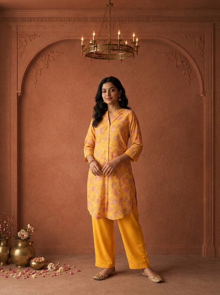 Yellow Muslin Digital Floral Printed Two Piece Set