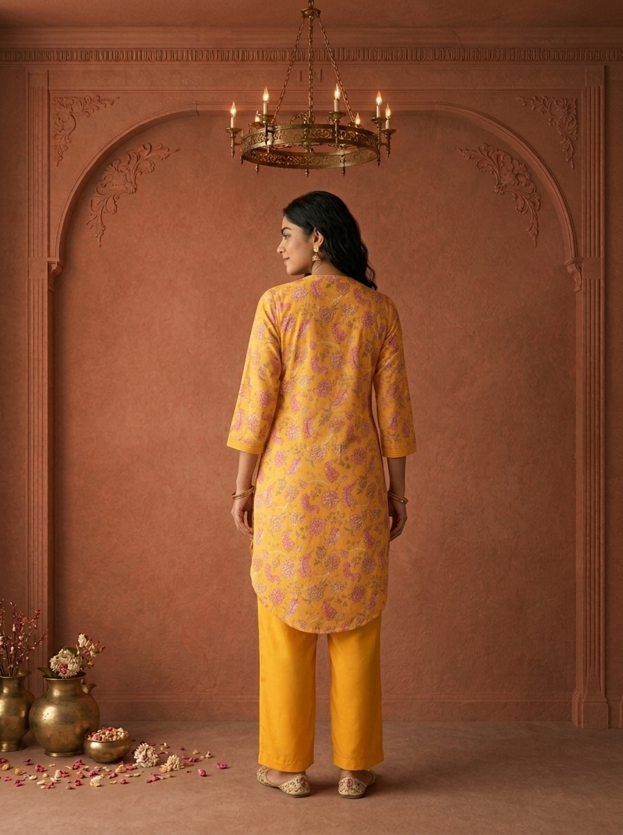 Yellow Muslin Digital Floral Printed Two Piece Set