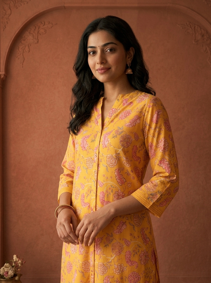 Yellow Muslin Digital Floral Printed Two Piece Set